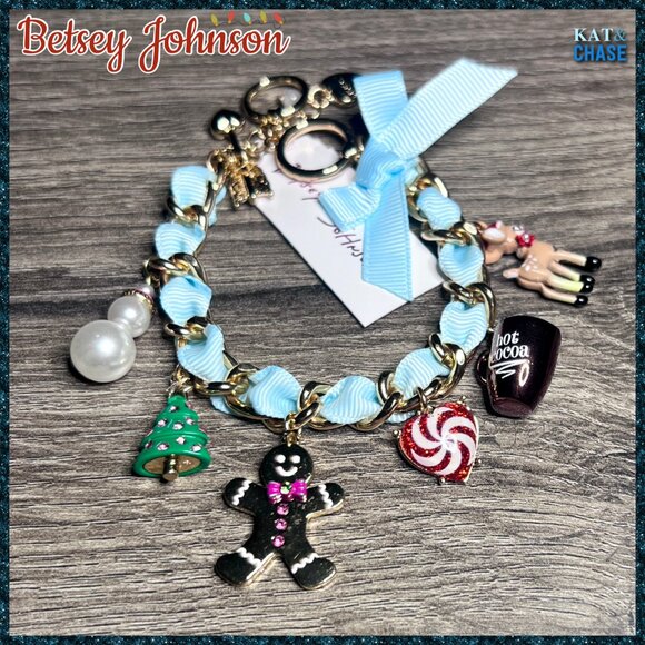 Betsey Johnson Blue Holiday Charm Bracelet Snowman Rudolph Snow Gingerman Cocoa - Picture 3 of 11